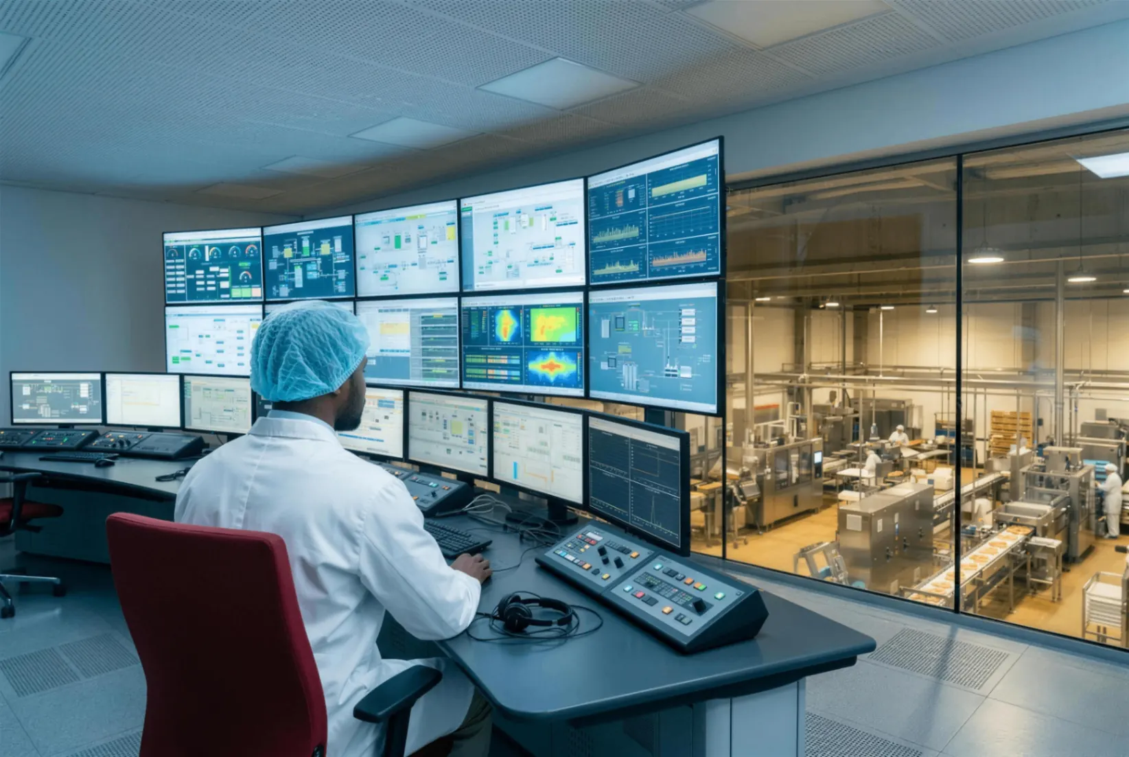 Operator monitort productieprocessen vanuit de controlekamer.