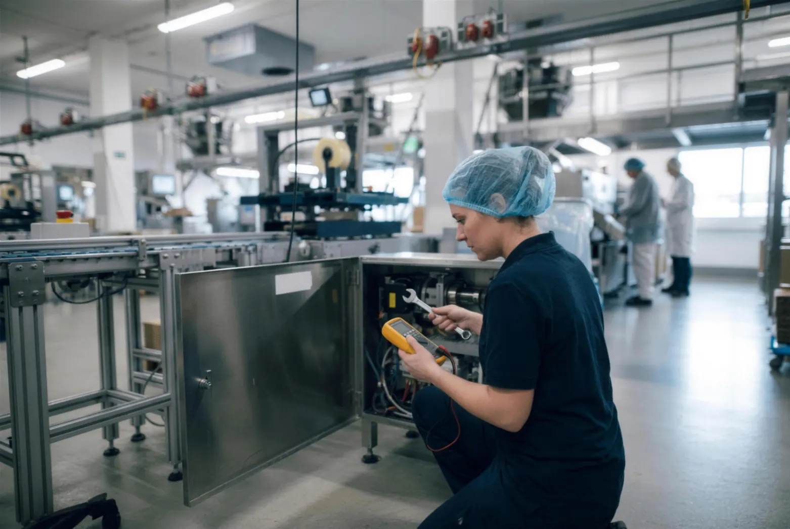 Technisch monteur voert onderhoud uit aan een productielijn in een foodfabriek.