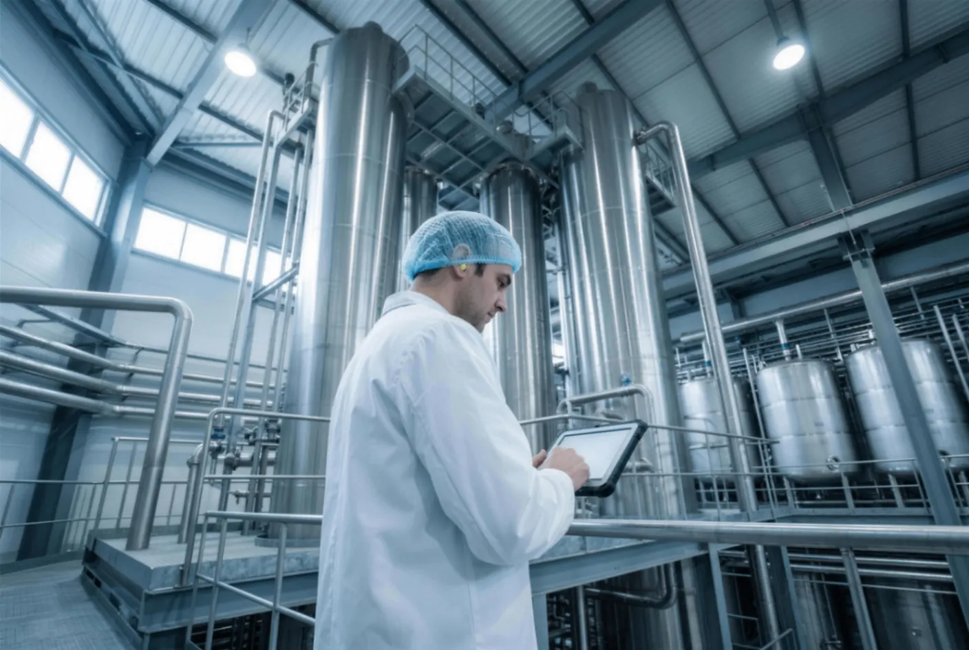 Operator gebruikt een tablet in een industriële procesomgeving met grote installaties.