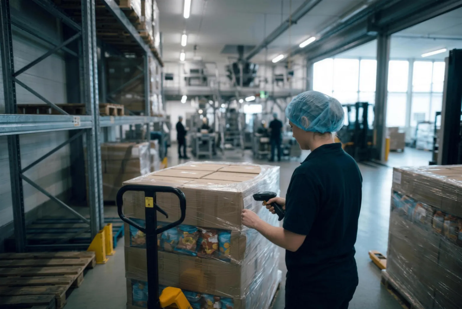 Medewerker scant pallets in de logistieke zone van een foodproductiebedrijf.