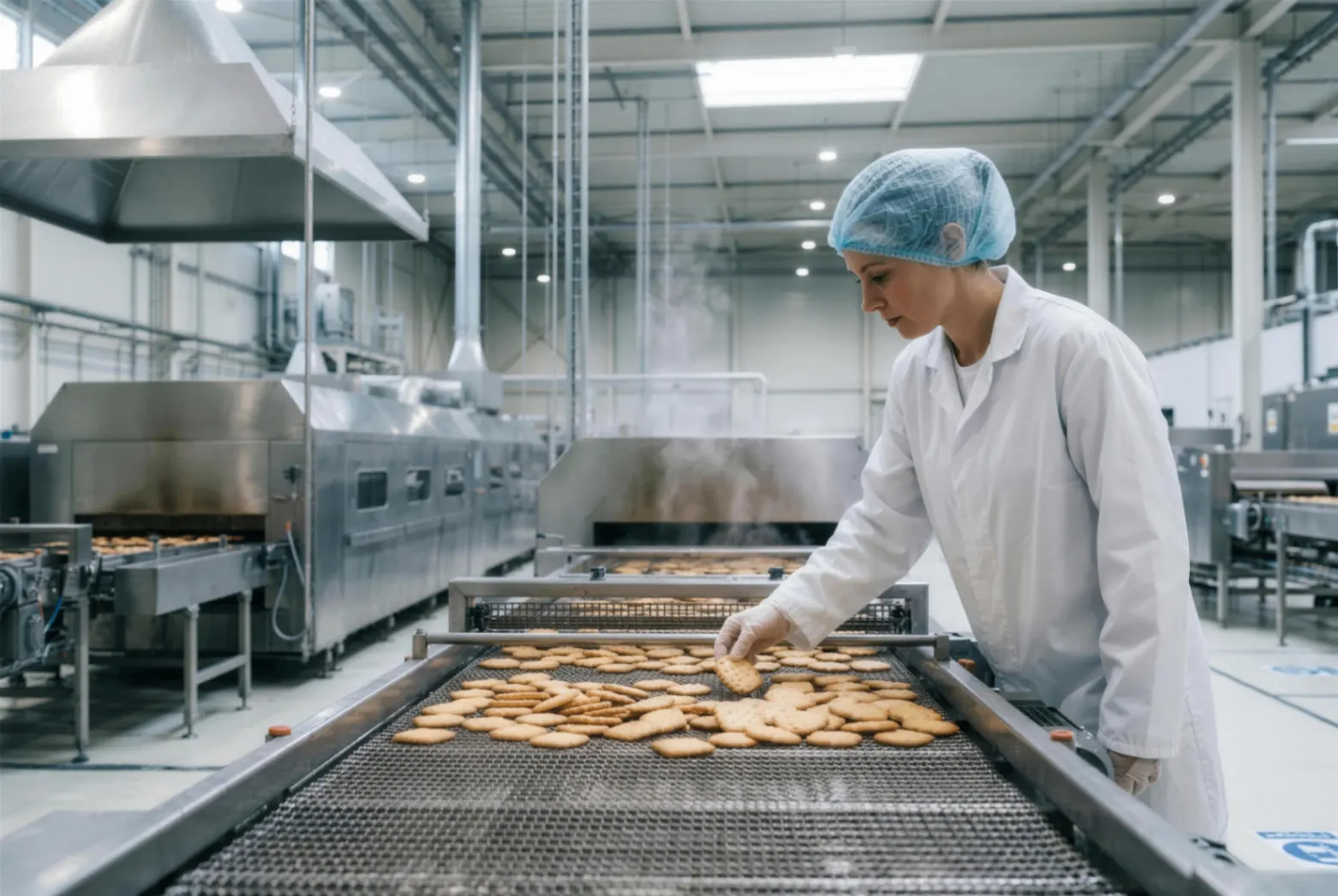 Kwaliteitsmedewerker controleert versgebakken producten aan de productielijn.