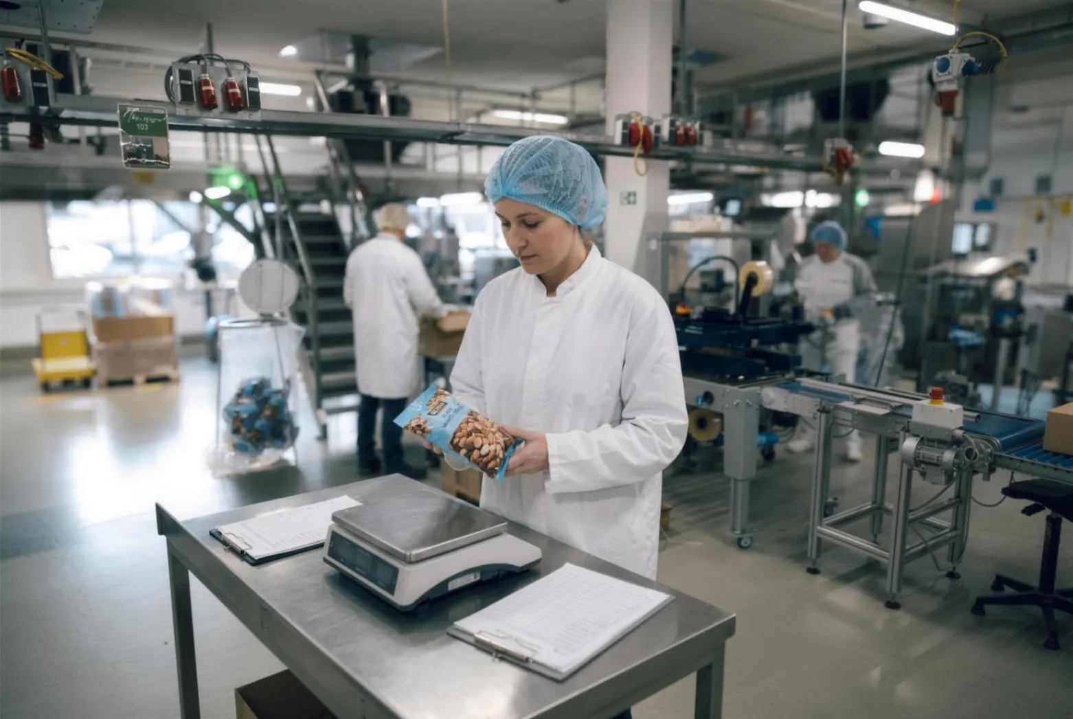 QA-medewerker controleert verpakte producten op de productielijn van een foodproducent.